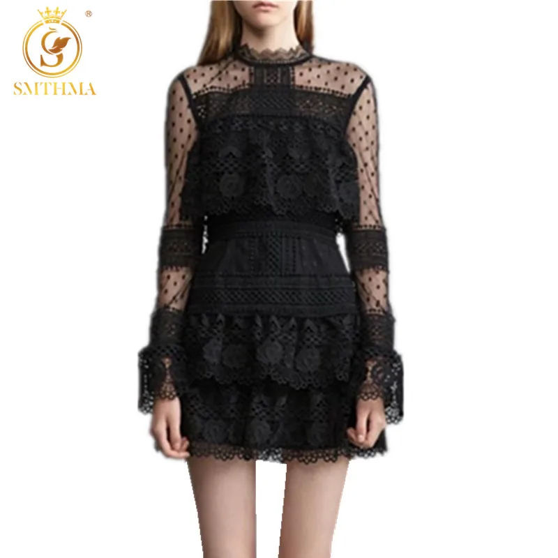 

SMTHMA HIGH Quality 2021 New Fashion Lace Hollow Out Runway Dress Flare Sleeve Cascading Gauze Dresses Vestidos