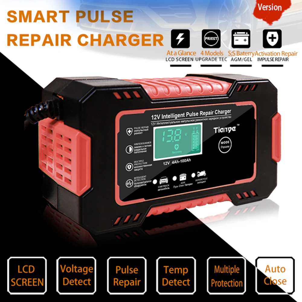

Car Battery Charger 12V 8A Touch Screen Pulse Repair LCD Fast Power Charging Wet Dry Lead Acid Digital LCD Display