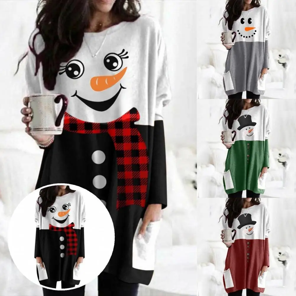 

O Neck Fabulous Quick Dry New Year Dress Pullover Women Dress Snowman for Home