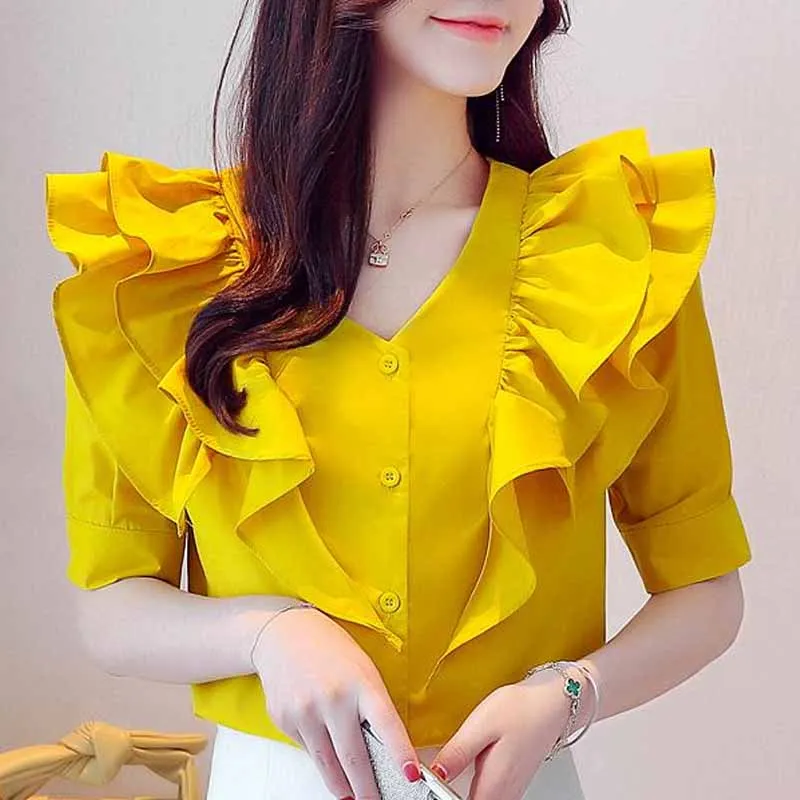 

Blouse Women Blusas Mujer De Moda 2021 Ruffles V-neck Chiffon Blouse Shirt Women Tops Short Sleeve Tops Women Shirts Blusas D234