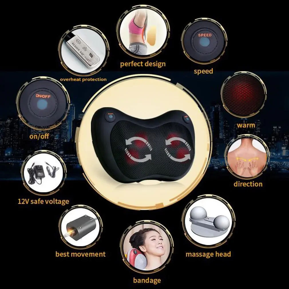 

US Plug 8 Head Vehicle-mounted Shoulder Neck Waist Back Cervical Massager Whole Body Heating Shiatsu kneading Massage Pillow