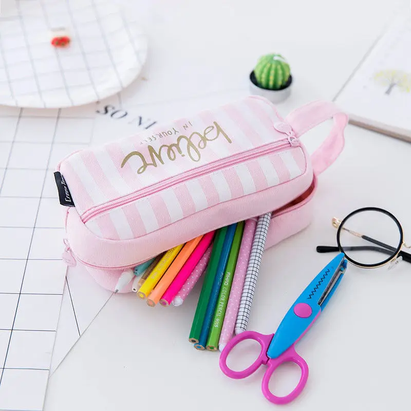 1 шт. милый пенал в клетку Холщовый розовый чехол для карандашей большой емкости