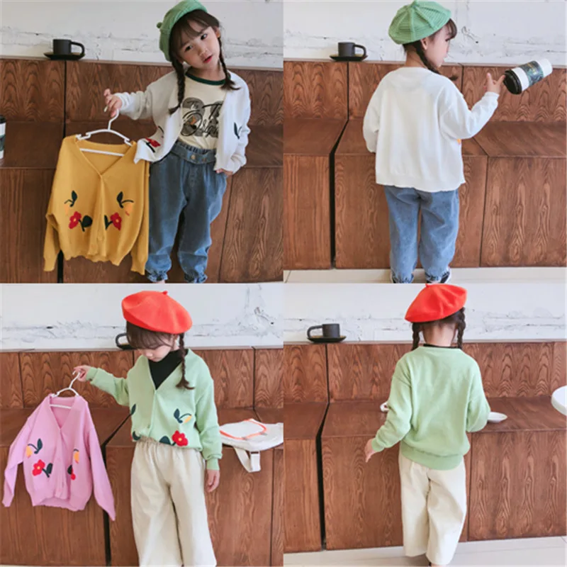 

2019 вязаный кардиган с цветочным принтом для маленьких девочек, весенне-осенние куртки, детские пальто для девочек, свитера