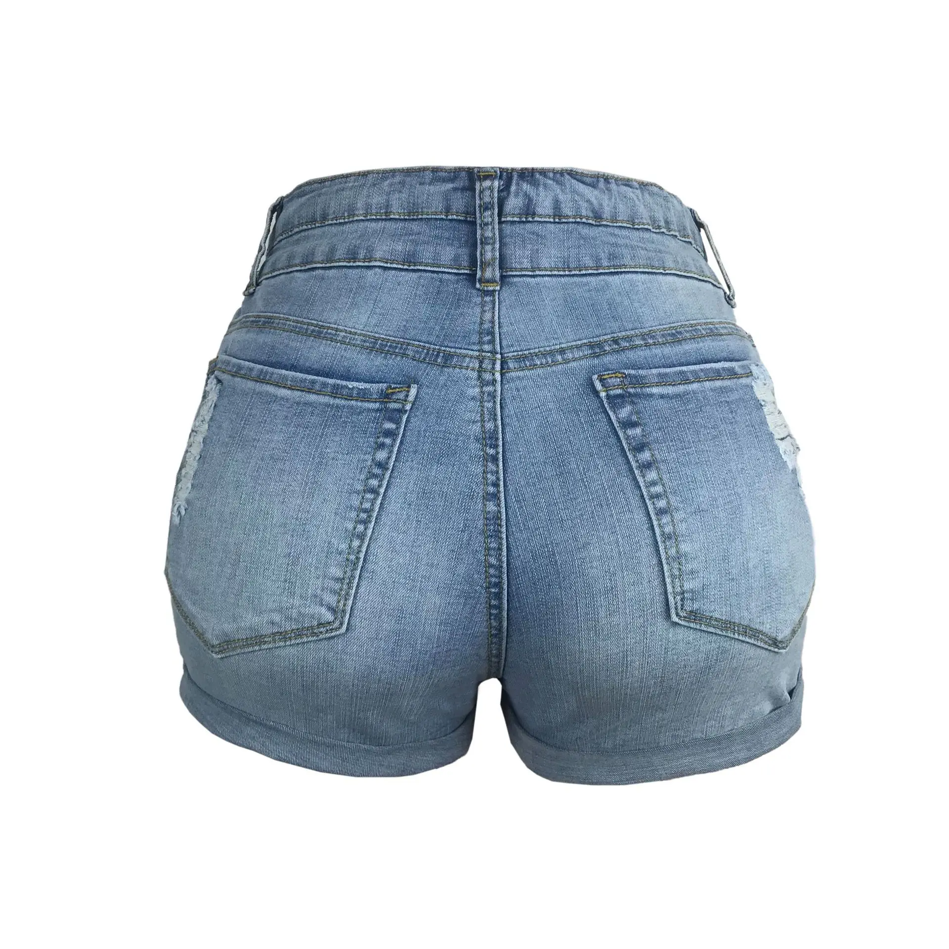

Sexy Blue Frayed Button High Waist Women Jeans Cotton Pocket Crimping Spring Summer Female Denim Hot Pants Fashion