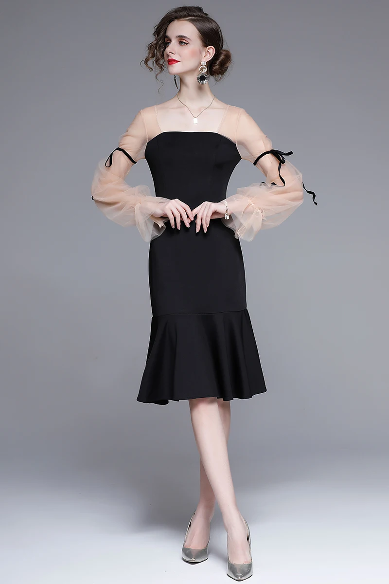 

Sexy Net Yarn Lace-up Lantern Sleeve Fishtail Skirt Retro Elegant Temperament Black Dress Fall Winter Bodycon Dresses for Women