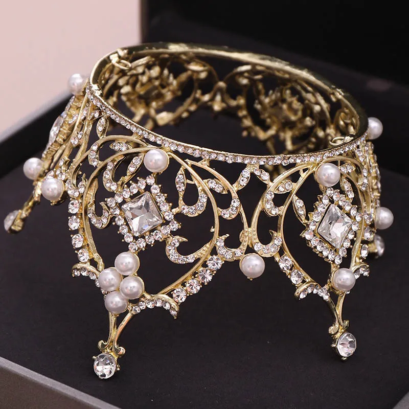 

Luxury Large Full Circle Rhinestones Queen Princess Tiara and Crown Pearl Bride Headpiece Wedding Hair Jewelry Accessories XH