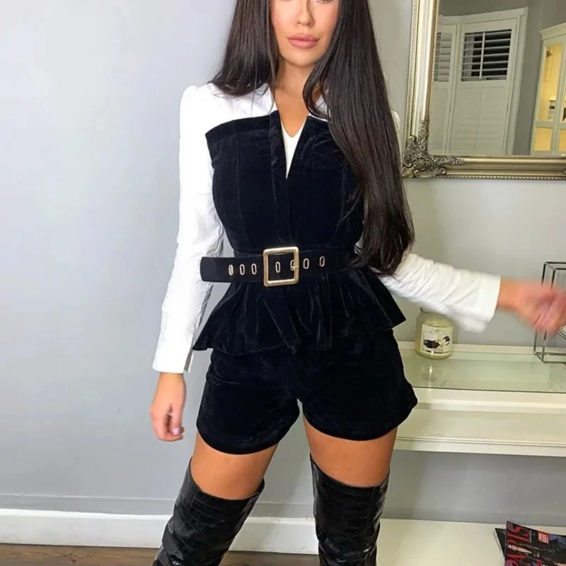 

Women Polar Fleece Long Sleeved Tie Shirt Contrast Color Stitching Velvet Wide-Leg Shorts Pants Female with Belt Top Bottom Set