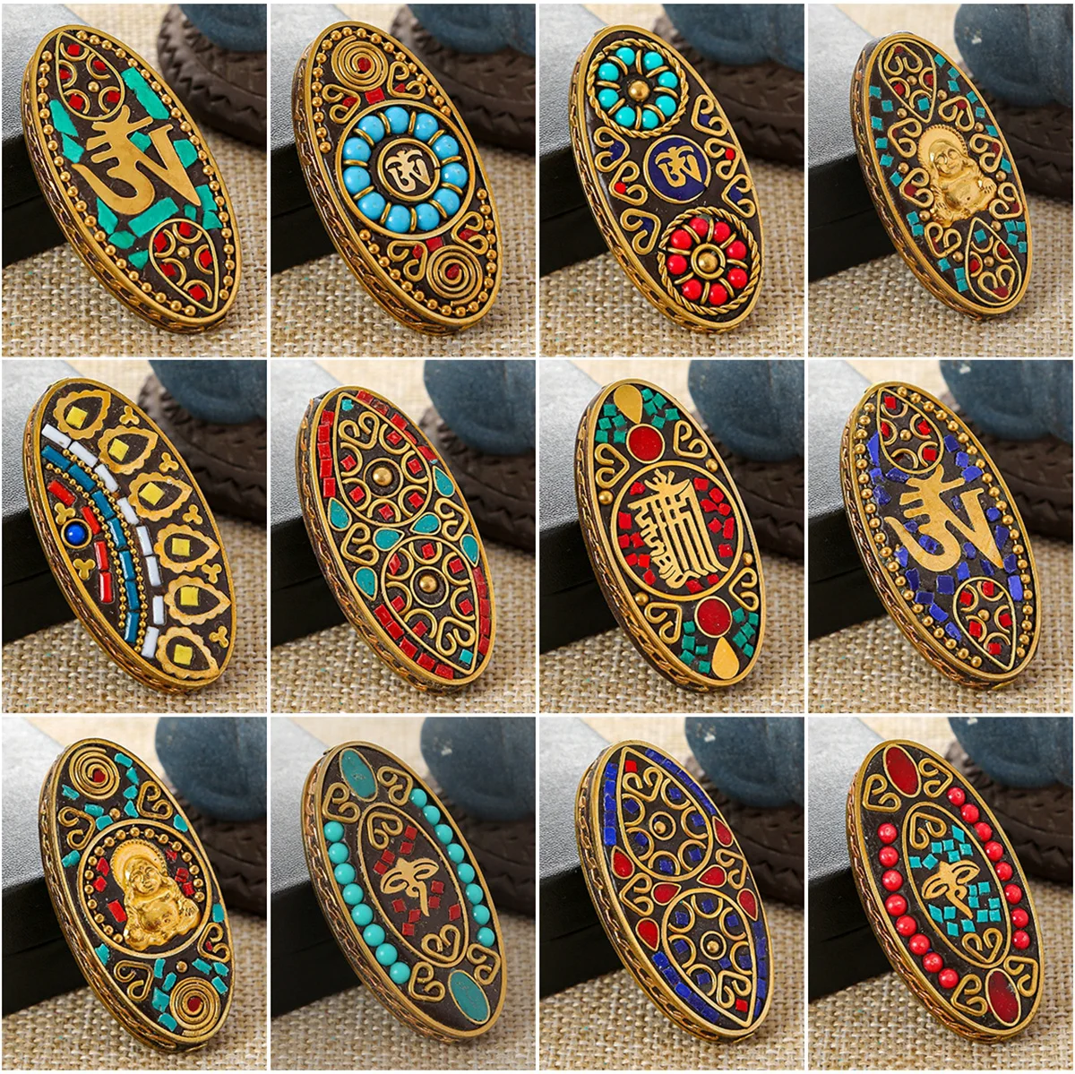 

Nepalese Buddhist Handmade Flat Oval 55x27mm Tibetan Brass Metal & Clay Loose Craft Beads for Jewelry Making DIY Necklace