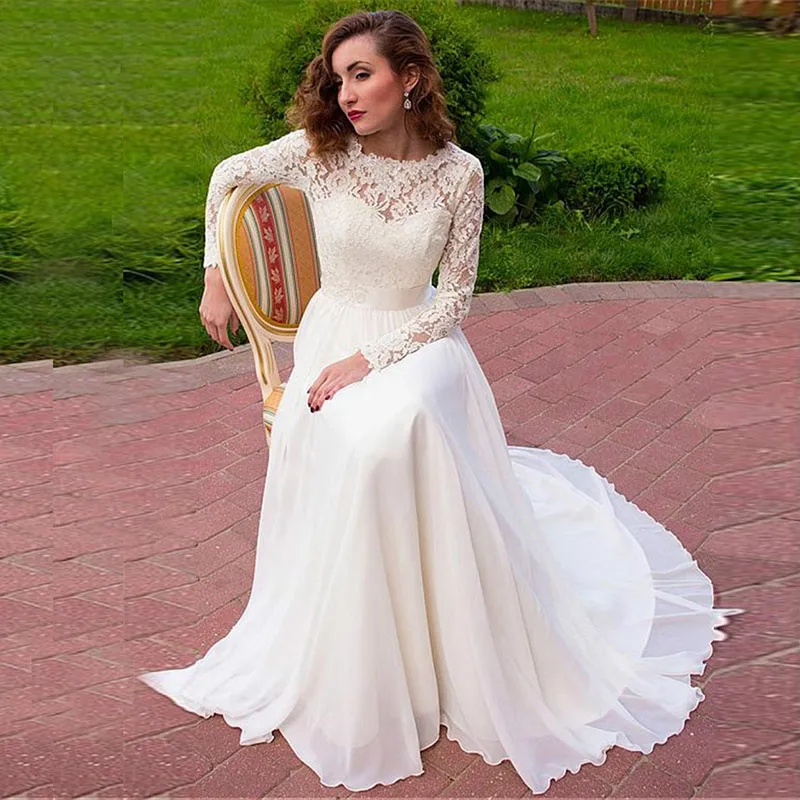 

Boho A Line Wedding Dress Scoop Neck Long Sleeves Pearls Buttons Lace Appliques Chiffon Sweep Train Bride Gown Vestidos De Novia