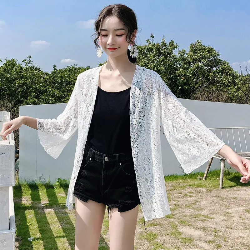 

Fashion New Vacation Horn Long Sleeve Cardigan Lace Jacquard Hollow Sunscreen Cardigan New