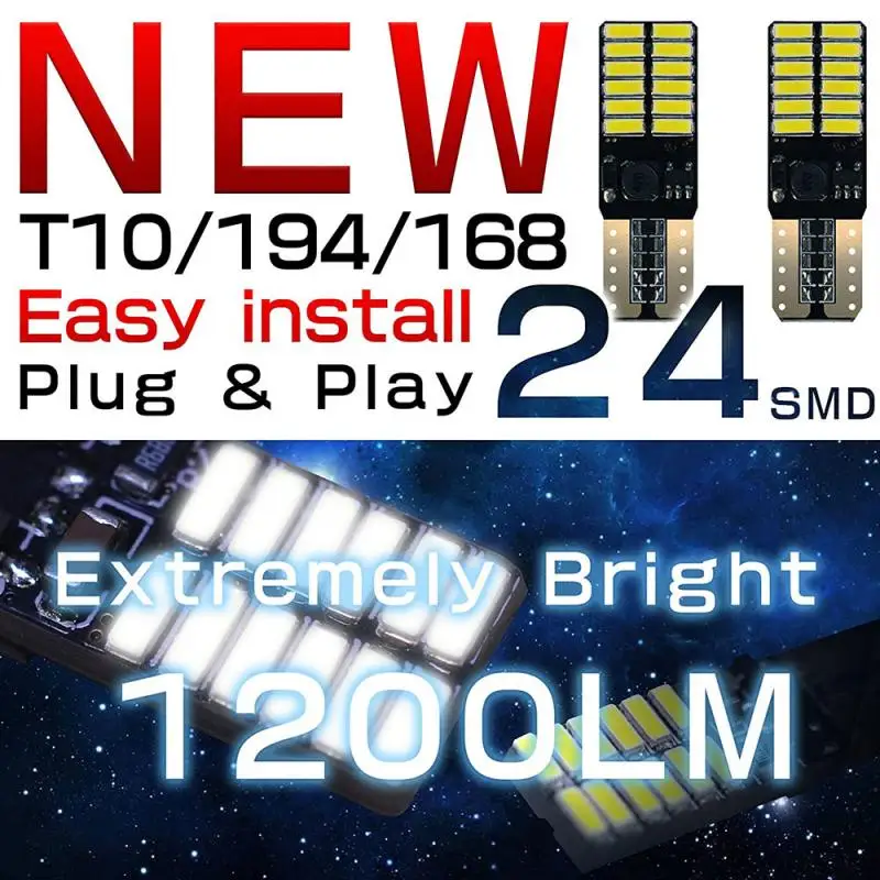 

2 Pcs Canbus High Bright 4014 24smd T10 W5w 194 168 Car Led Bulb Reading Lamp Interior Dome Light Parking Side Marker Lights 12V