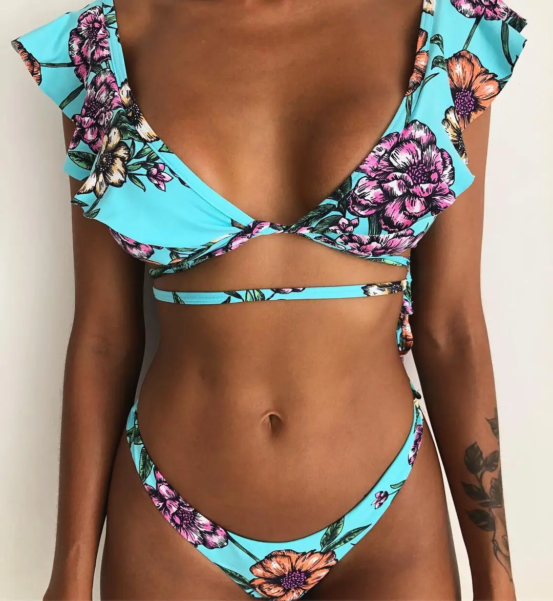 

US Hot Women Floral Print Low Waist Sexy Lady Bikini Set Bandage Summer Beach Swimsuit Push-Up Padded Bra Swimwear Bathing suit