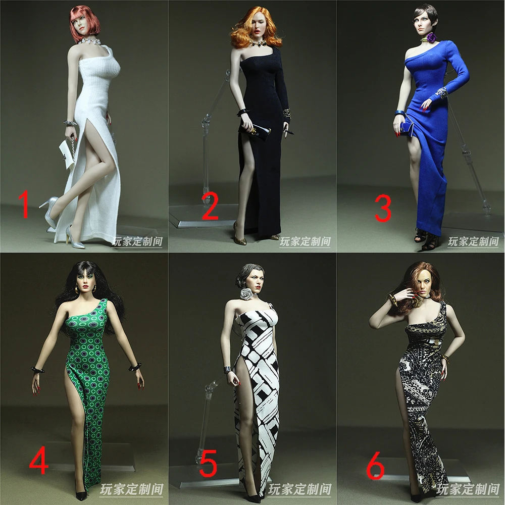 

6 Colors 1/6 Sexy Lilac series One-shouldered Evening Dress Long Sleeve/Sleeveless Slit Skirt Model for 12'' Largest Bust Body