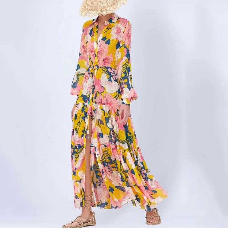 

MSXU Bohemian holiday style 2021 summer floral printing and dyeing single-breasted lapel waist long dress