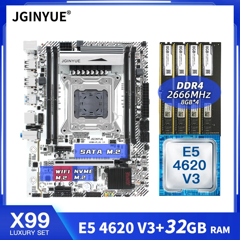 Kaufen JGINYUE X99 Motherboard Combo GA2011-3 Mit Intel Xeon E5 4620 V3 DDR4 32GB 4*8GB RAM Speicher Set Kit Mainboard X99M-PLUS D4