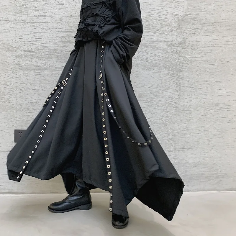 Men Ribbon Dark Black Wide Leg Pants Male Women Japan Streetwear Punk Gothic Harem Trousers Kimono Skirt Pants