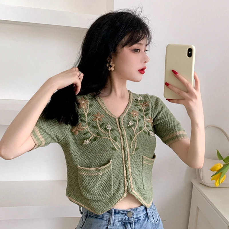 Женские вязаные футболки с цветочной вышивкой винтажные свободные рубашки