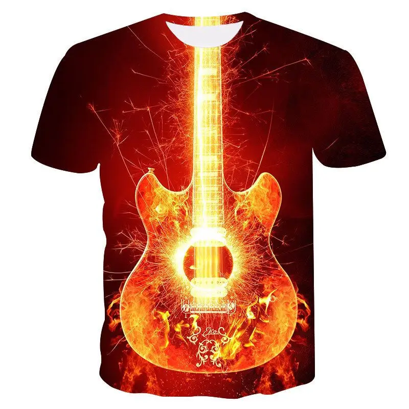 

2021 flame T-shirt men's music T-shirt 3d guitar T-shirt casual metal shirt printed Gothic cartoon clothing short sleeve T-shirt