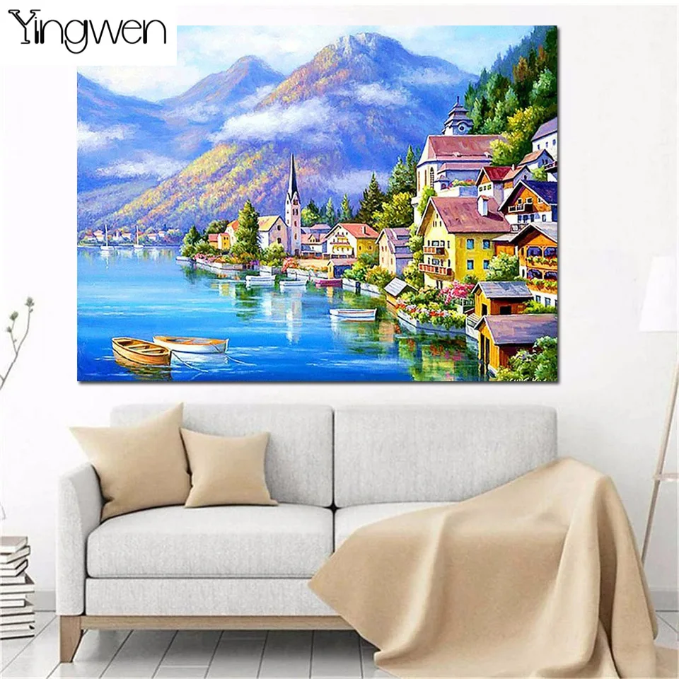 

Landscape Diamond Painting House Mountain Around Sea 5D Diy Full Diamond Embroidery Cross Stitch Kits Mosaic Home Decor Gift