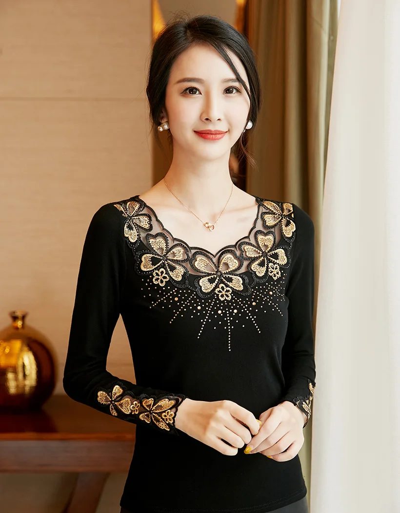 Blusas mujer de moda, Осенние сетчатые топы с длинными рукавами и вышивкой, модная Повседневная Блузка с бриллиантами, рубашка, большие размеры