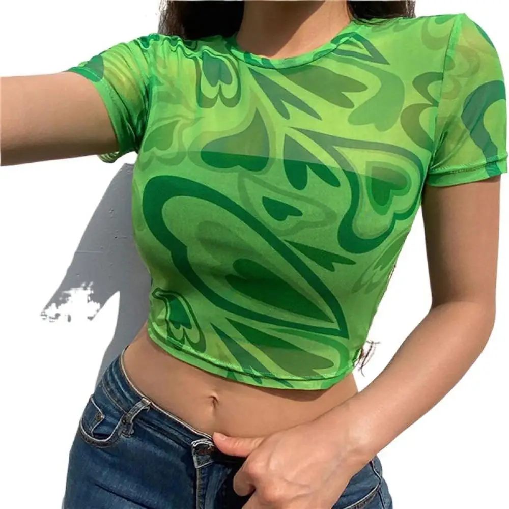 

Women Sexy Harajuku Mesh Tops Short Sleeve See Through T Shirt Transparent Crew Neck Love Print T-shirt Femininas Clubwear