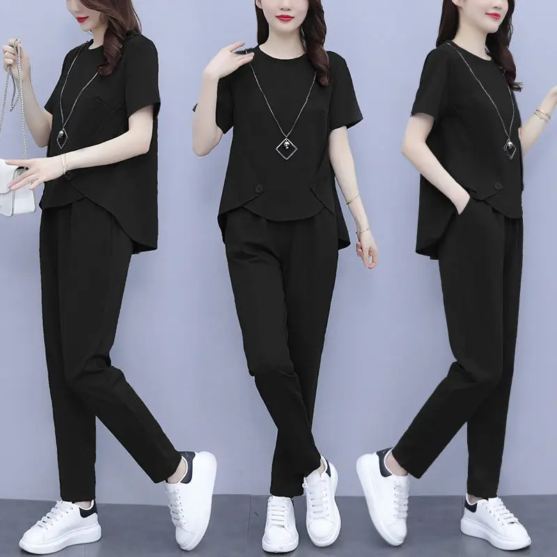 

Pants Sets Plus Size 2021 Summer Sport Leisure Fashion Simple Belly Covering Two Piece Tracksuit Women Clothing Crop Top Blouses