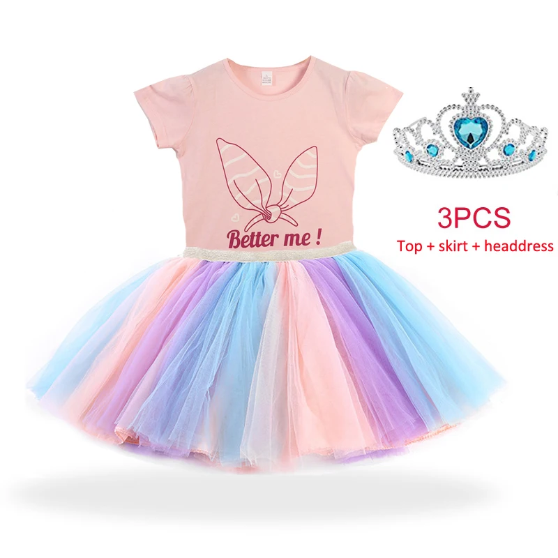 

1-8 Years Girls Dresses Kids Cartoon Vestidos Children 2021 Summer Dress Kids Dress for Girls Short Sleeve Unicorn Dresses 3 Pcs