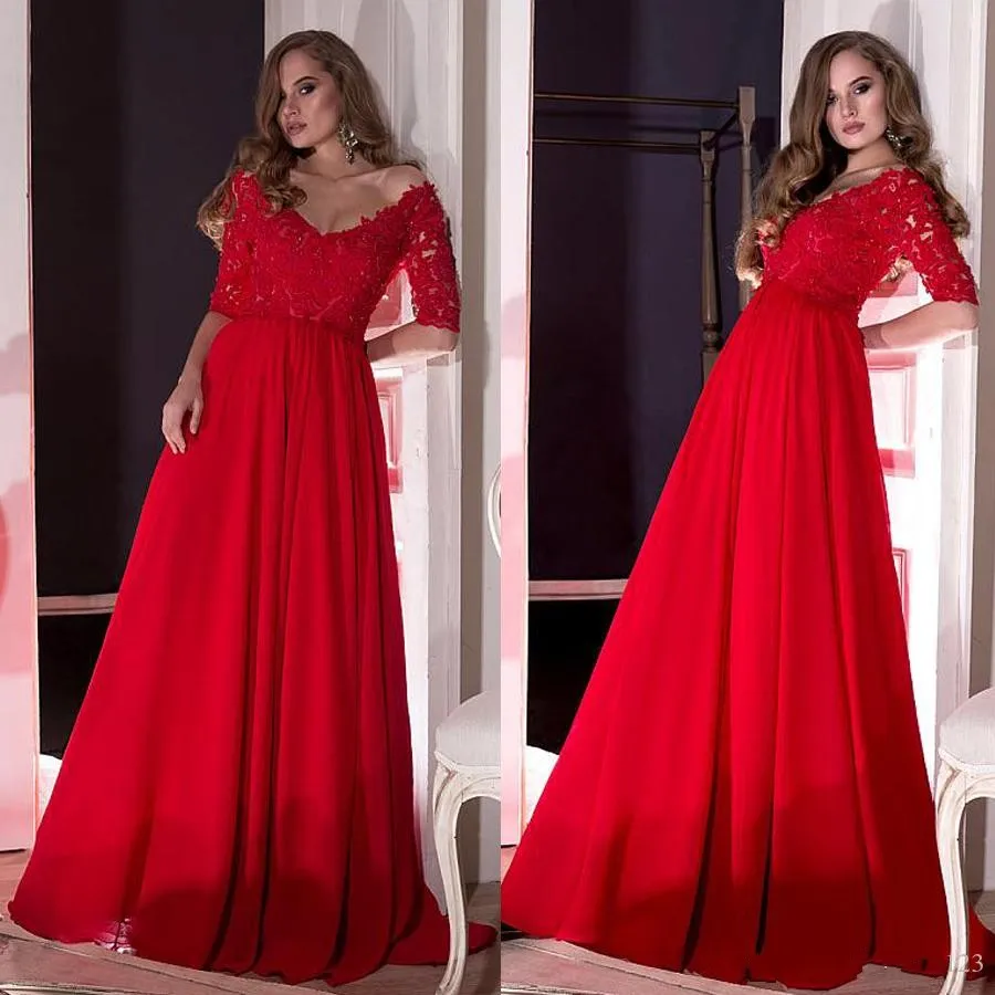 

V-neck Neckline Half Sleeves A-line Prom Dresses with Beaded Lace Appliques Red Evening Dress Vestidos De Fiesta Baratos