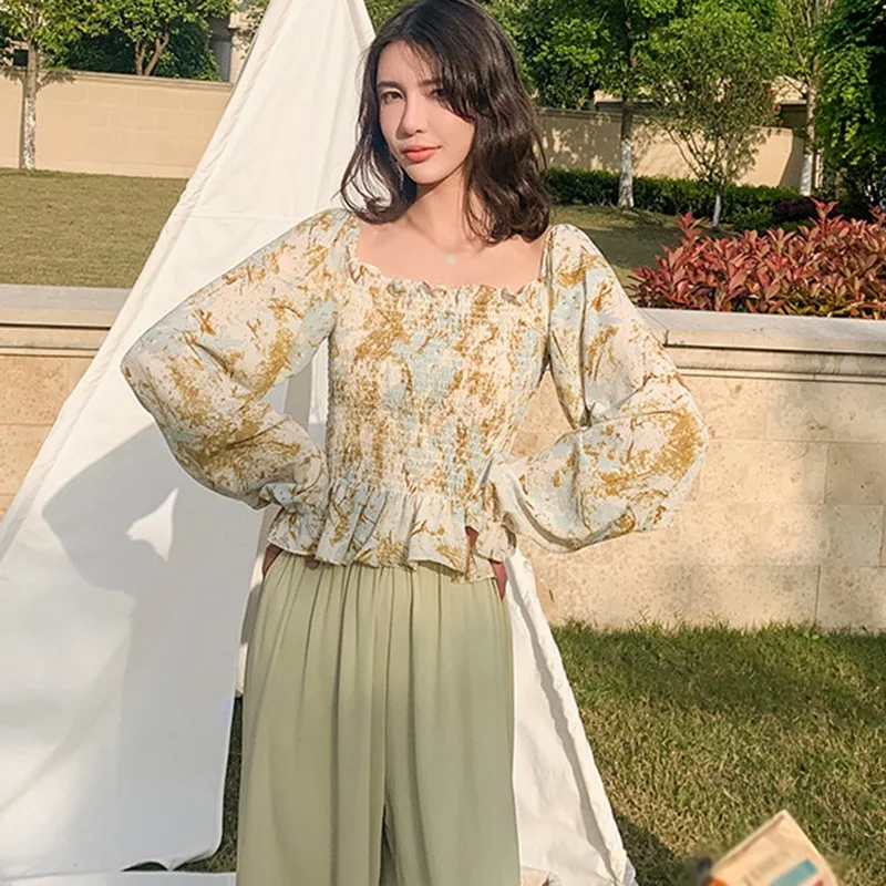 

Women's Floral Print Chiffon Shirt Spring Autumn Fashion Square Collar Sexy Sweet Long Sleeves Chiffon Shirt