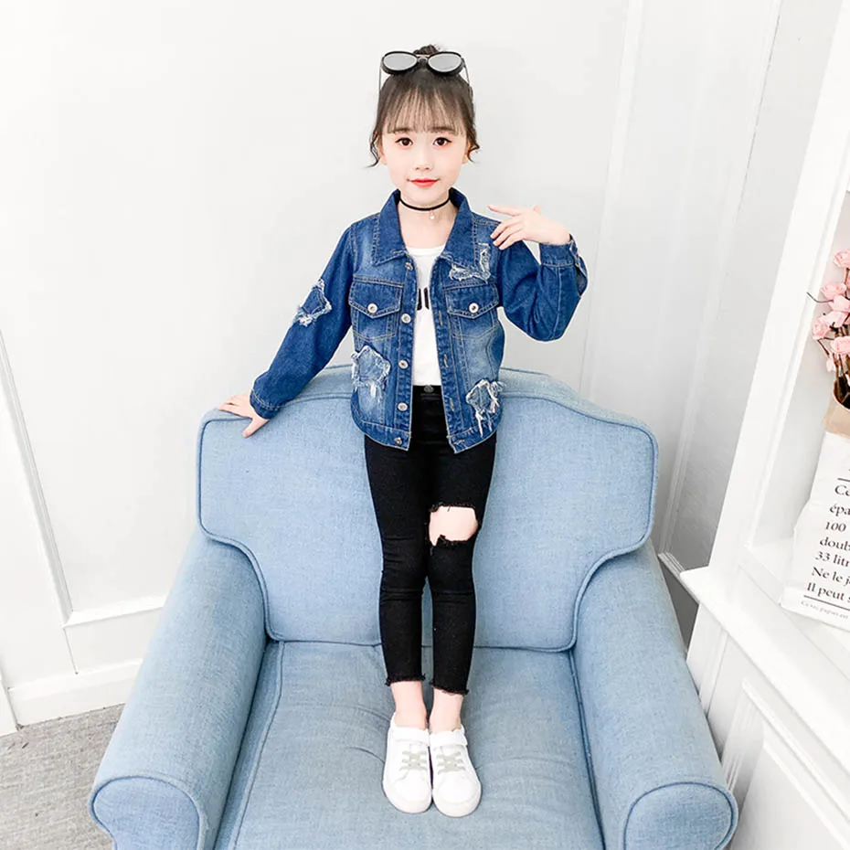 Джинсовая куртка для девочек со звездами верхняя одежда пальто рваная Верхняя