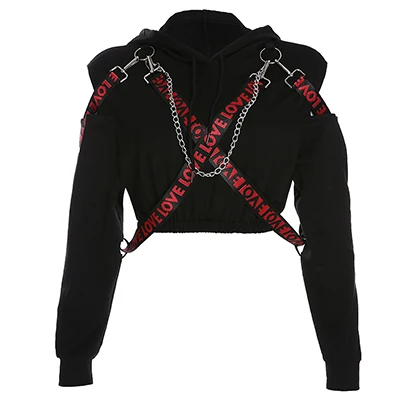 Rapwriter Casual Metal Chain Patchwork Letter Ribbon Long Sleeve Hoodies Women Fall Winter Black Harajuku Pullover Crop Top - Color: Black Sweatshirt