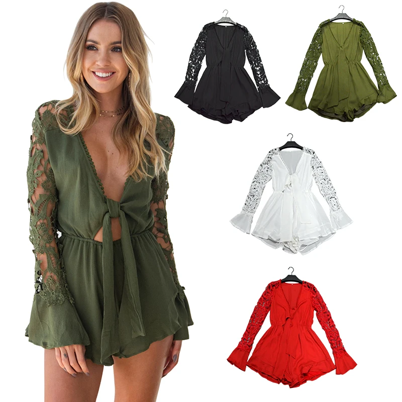 

New ladies lace women's seams sexy slim casual fashion long-sleeved ruffled wide-leg shorts jumpsuit