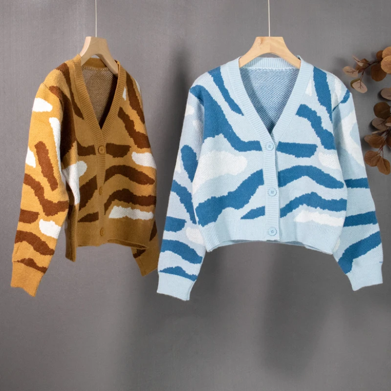 

JMPRS Vintage Zebra Striped Women Cardigan Sweater Autumn Loose Knitted V Neck Short Jacket Casual Ladies Cropped Cardigan