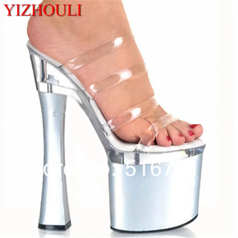 Square root 18 cm super high heels, transparent thin belt slippers, sexy women's stage dancing shoes
