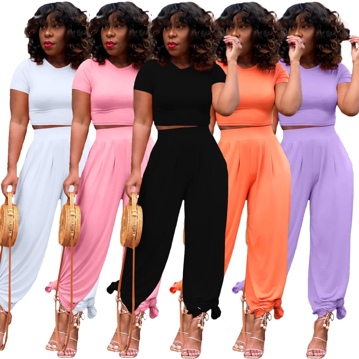 Женская футболка с коротким рукавом и штаны в стиле хип-хоп однотонные Цвет