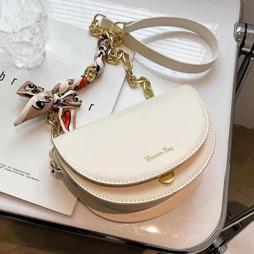 

Luxury Brand Saddle bag 2021 Fashion New High-quality PU Leather Women's Designer Handbag Ribbon Chain Shoulder Messenger Bag