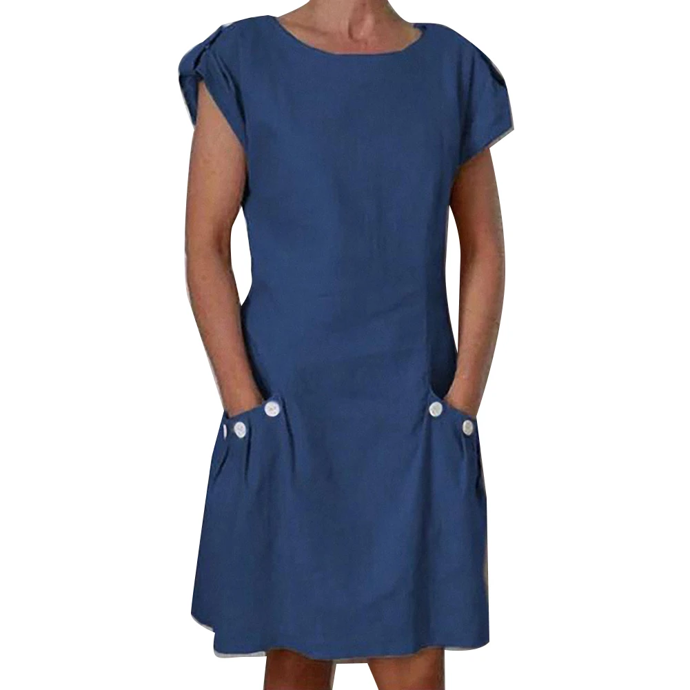 New Women Summer Casual Solid Color Round Neck Button Pockets Short Sleeve Midi Dress Cotton + Spandex Women's Size S-5XL | Женская