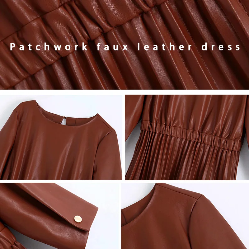 

New Faux Leather Lace Splicing Midi Dress Women Pleated Three Quarter Sleeve Elegant Vintage High Street Patchwork Vestidos