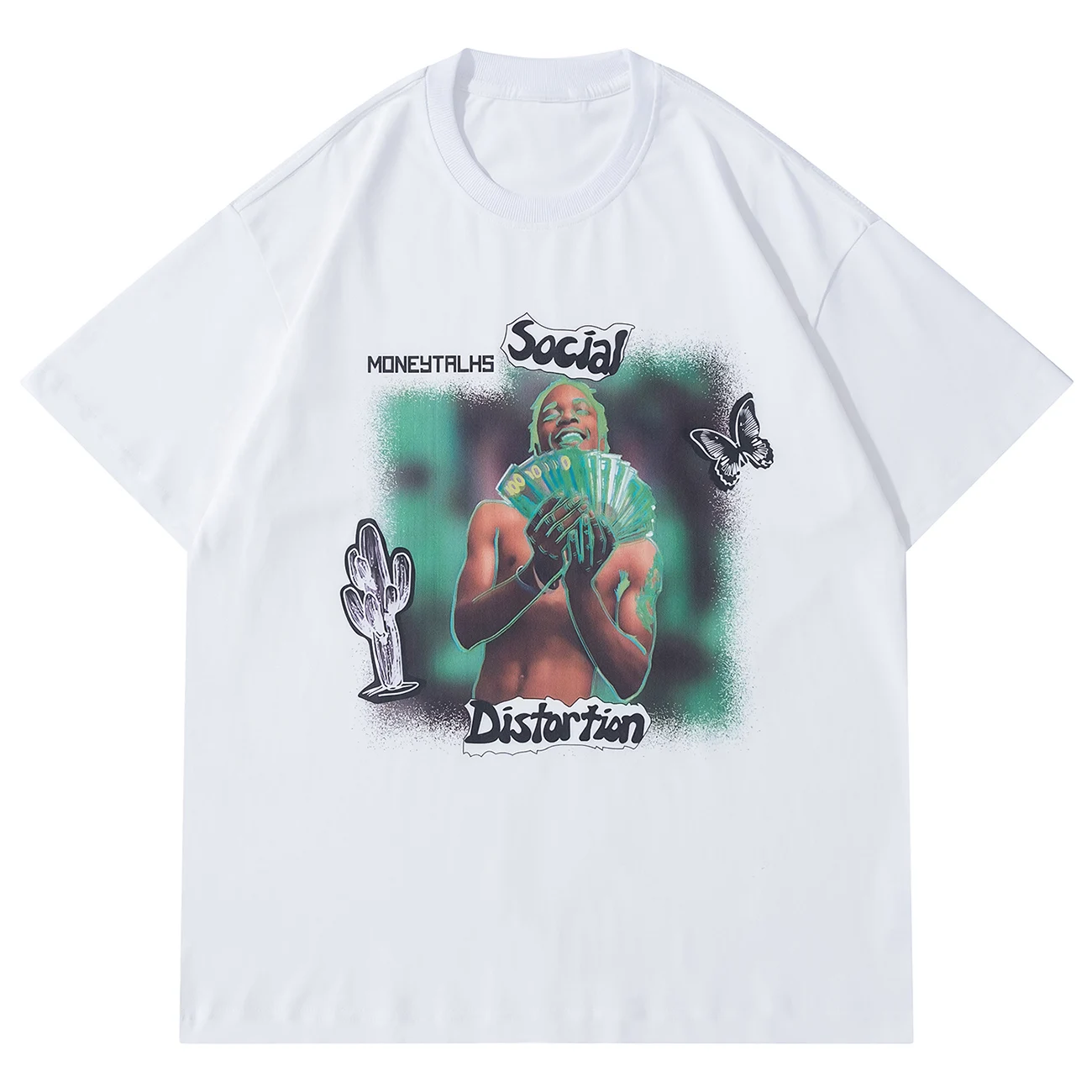 

Гибкие футболки в стиле хип-хоп Harajuku, футболки с изображением кактуса и бабочки, уличная одежда, модная повседневная Хлопковая мужская футб...