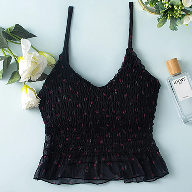 

Sweet Women Crop Top Floral Ruffle Tube Top Thin Slim Lingerie Padded Wirefree Bralettle Adjusted-Straps Bra