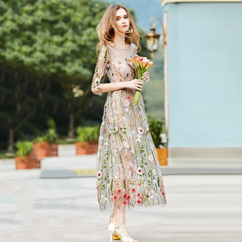 EFINNY женское шикарное платье, Vestidos, цветочное богемное цветочное вышитое винтажное платье, богемное Сетчатое платье с вышивкой, Vestidos