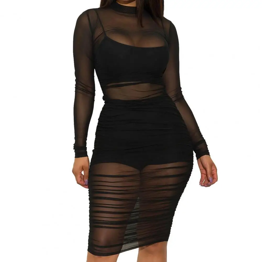 

Sexy Women Long Sleeve See Through Dress Mini Camisole Shorts Set Club Outfit