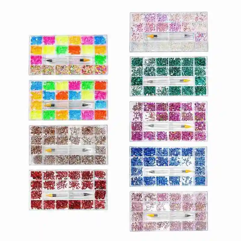 

21 Grid Crystal Rhinestone Jewelry Box Nail Art Flat Bottom Shaped Mixed Double-head Pointing Pen Set DIY Nail