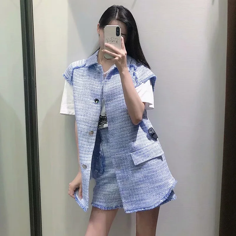 

Klacwaya Women Textured Gilets Summer Fashion Raw Cut Edge Sleeveless Single Breasted Vest Casual Long Tops Outerwear Female