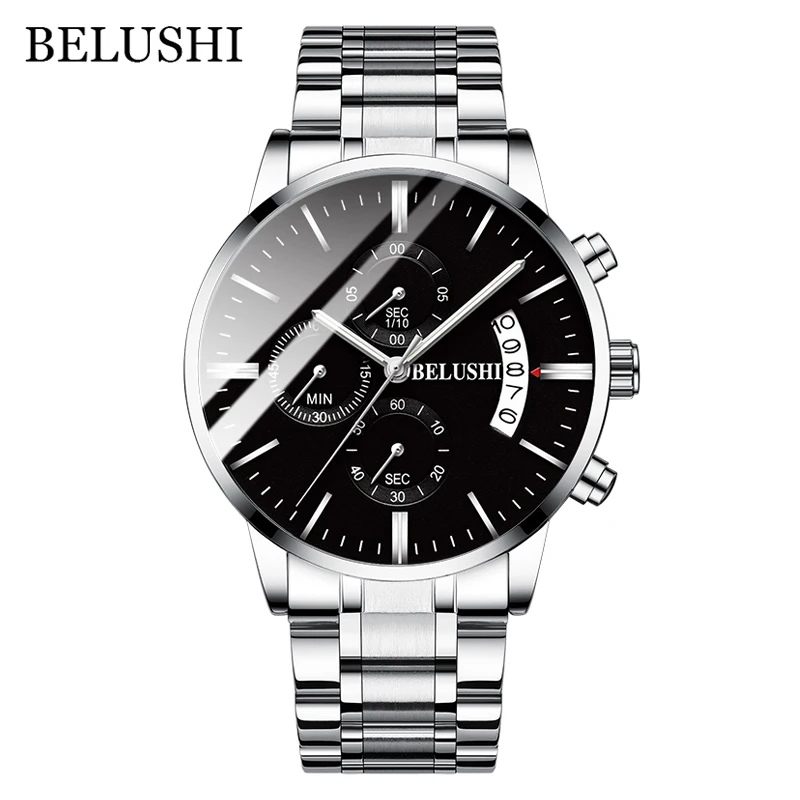 Silver Black Мужские часы от роскошного бренда BELUSHI, высококачественные мужские деловые повседневные часы, мужские водонепроницаемые спортивные кварцевые наручные часы relogio masculino - Цвет: Silver Black