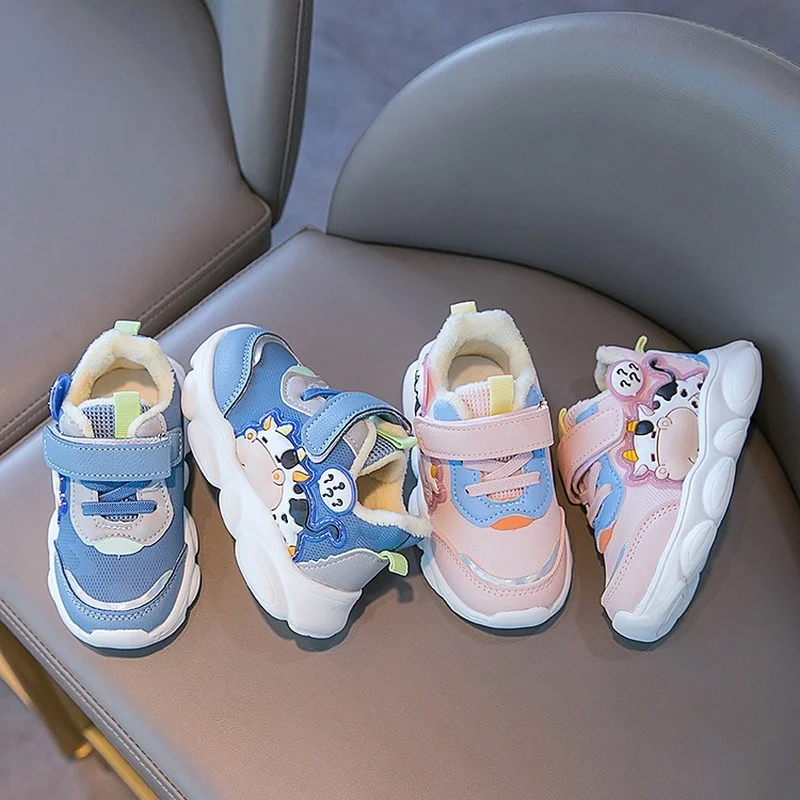 

Children Winter New Sneakers for Boys with Cute Cartoon Little Cow Sport Shoes Thick Cotton Baby Girls Leather First Walker Shoe