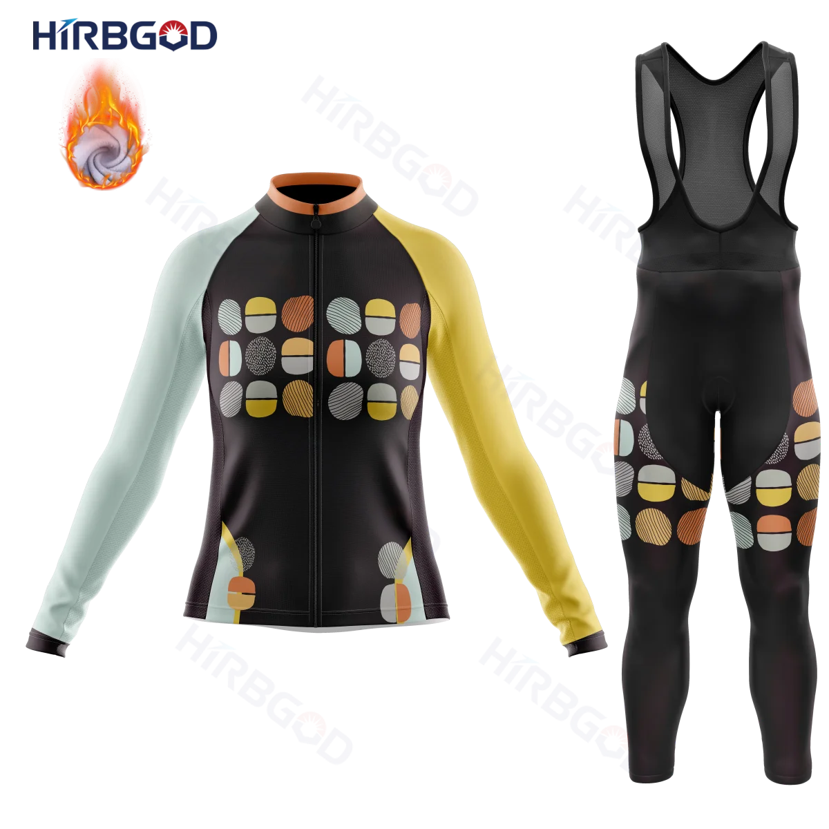 

HIRBGOD Cycling Sets Winter Thermal Fleece Bike Clothes with Gel Pad Long Sleeve Bib Pants Kit Color Dots Women Clothes