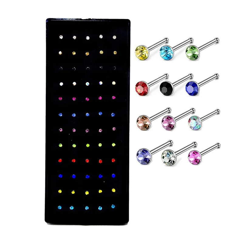 

60 pcs/pack Stainless Steel Crystal Nose Ring Set Women Girl Surgical Steel Nose Piercing Crystal Nose Stud Body Jewelry