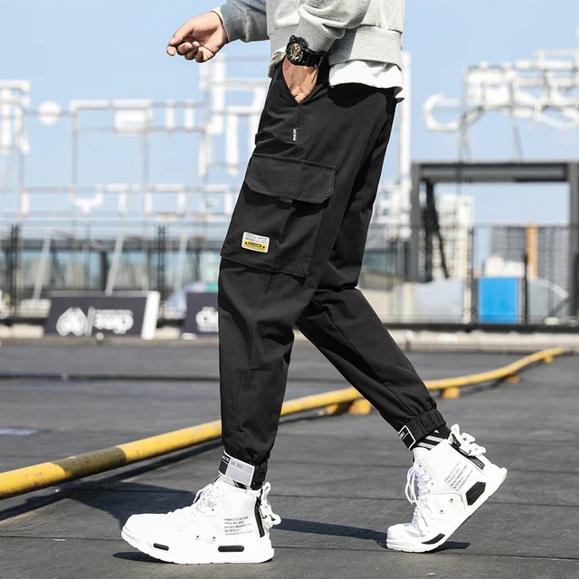Мужские брюки-карго с боковыми карманами, черные повседневные мужскиеджоггеры с лентами 2023 в стиле хип-хоп, брюки, модная повседневная Уличнаяодежда