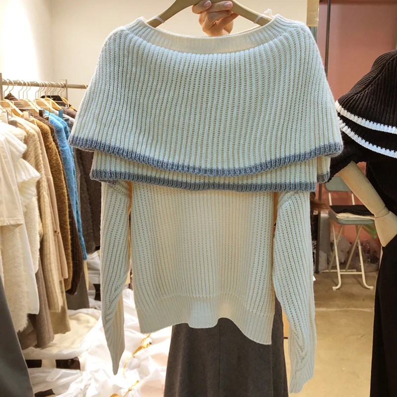 

Retro Chic Double Ruffles Sexy Slash Neck Long Sleeves Knitwear Woman's Sweater Fashion Elegant French Pullover Top